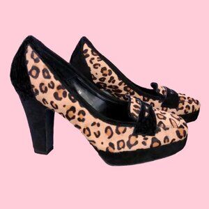 Vaneli Leopard Pony Hair Beige Tan Suede Bow Heel Pumps 7